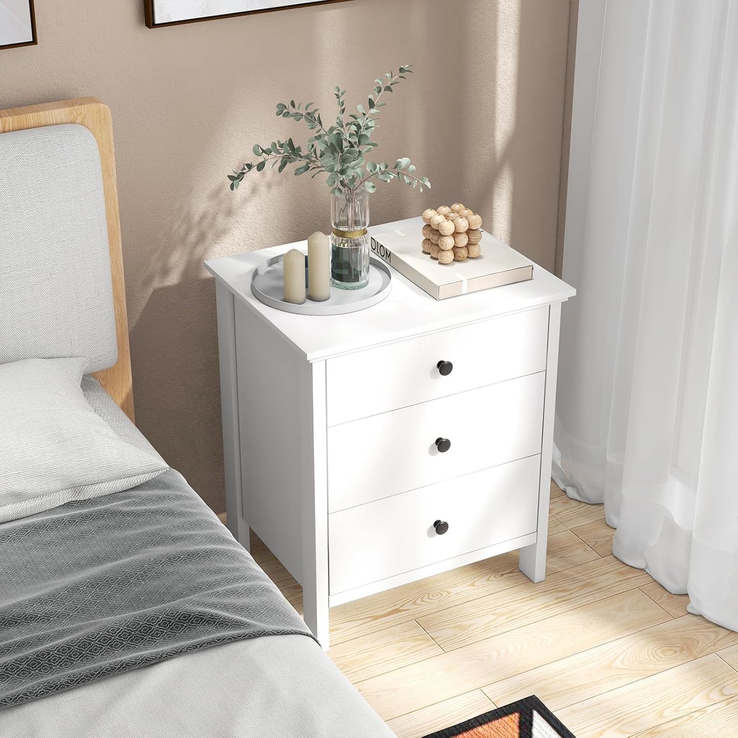 KOMFOTT 3 Drawers Nightstand, Wooden Bedside Table, Modern Sofa Side End Table, Space-Saving Telephone Table, Chest of Drawers for Living Room, Bedroom & Office (1, White)