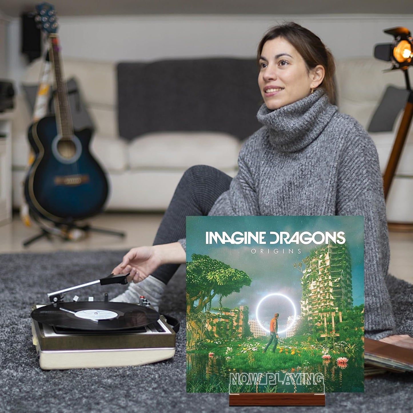 Now Playing Vinyl Record Stand, Light up Record Holder, Wooden Acrylic Display with Warm White Lights for Albums, Room Decor, for Vinyl Lovers