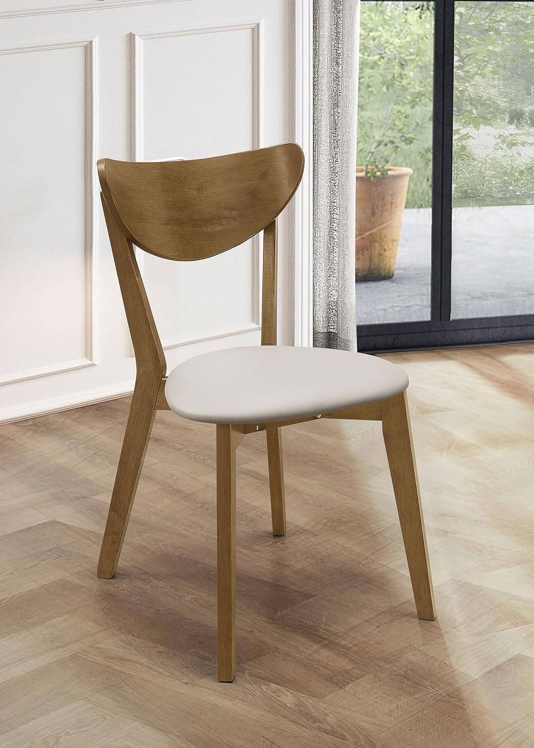 Coaster Home Furnishings Kersey Mid Century Modern Set of 2 Wood Dining Side Chairs Curved Back Padded Tan Faux Leather Polyurethane Upholstered Seat Cushion Chestnut Brown 103062