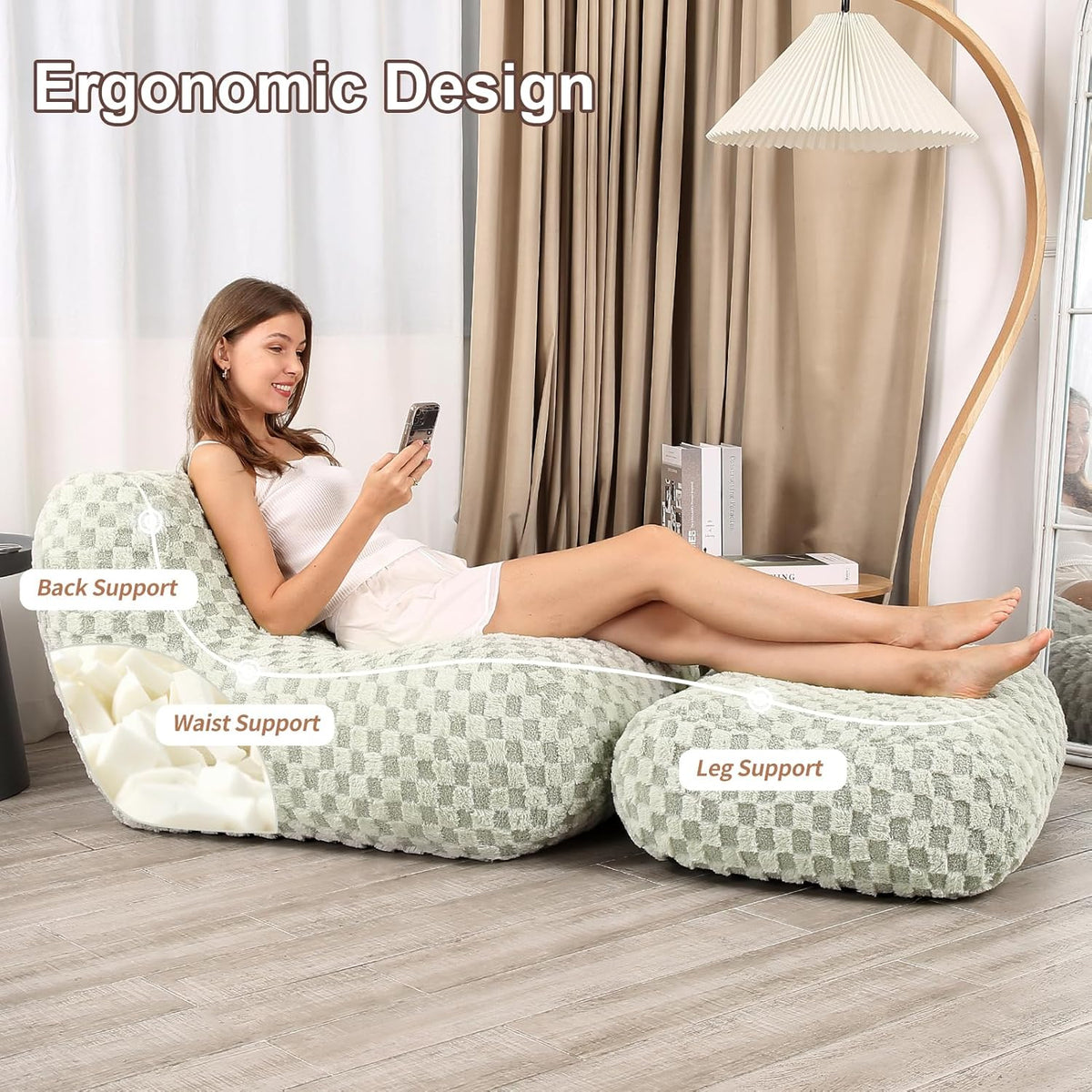 Bean Bag Chair with Footstool, Comfy Reading Sofa Chair for Adults, Modern Floor Sofa for Livingroom, Bedroom, Green