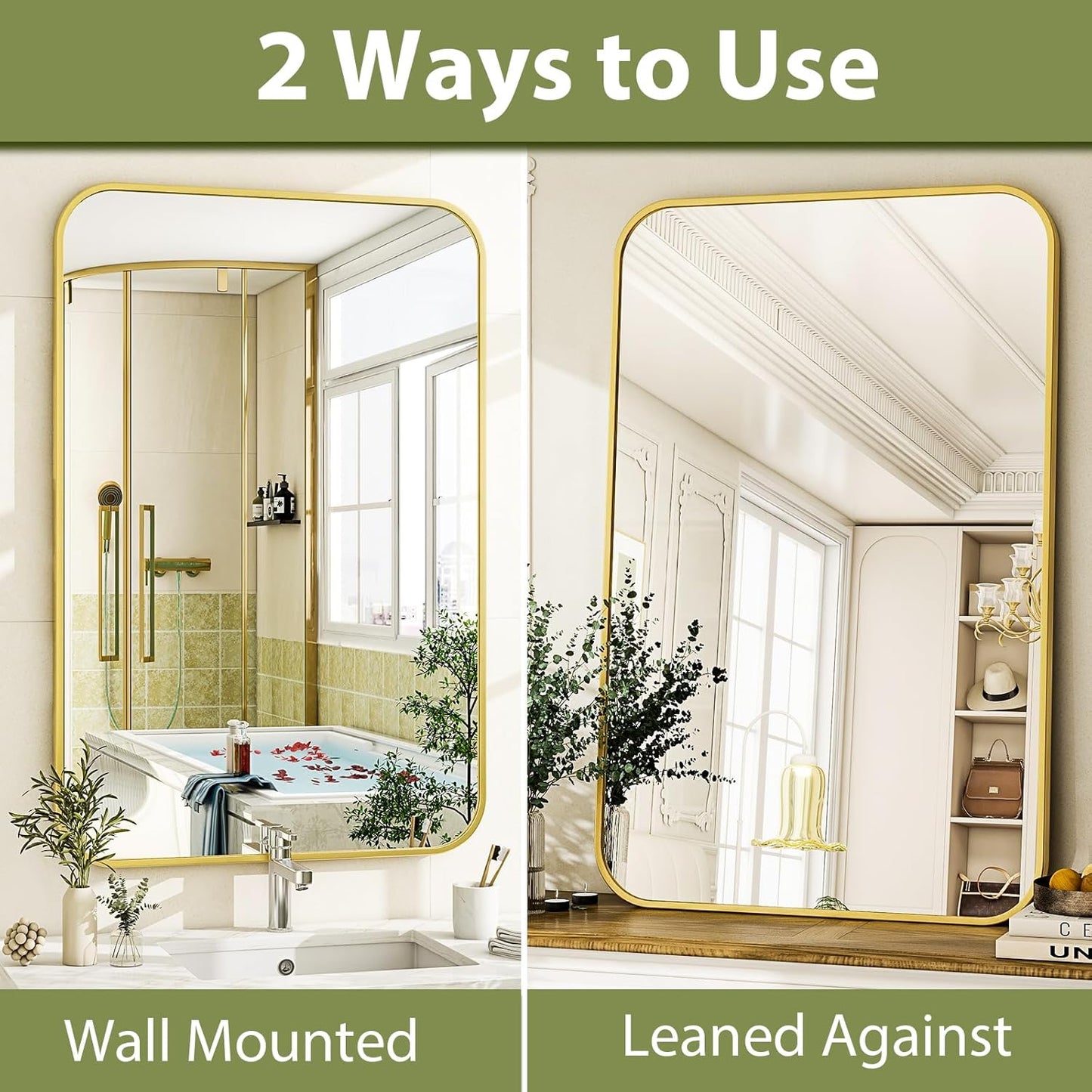 20 x 28 Inch Bathroom Mirror, Rounded Rectangular Vanity Mirror for Wall, Modern Mirror for Room Decor, Gold Framed Wall-Mounted Mirrors for Home Decor, Hangs Horizontally or Vertically