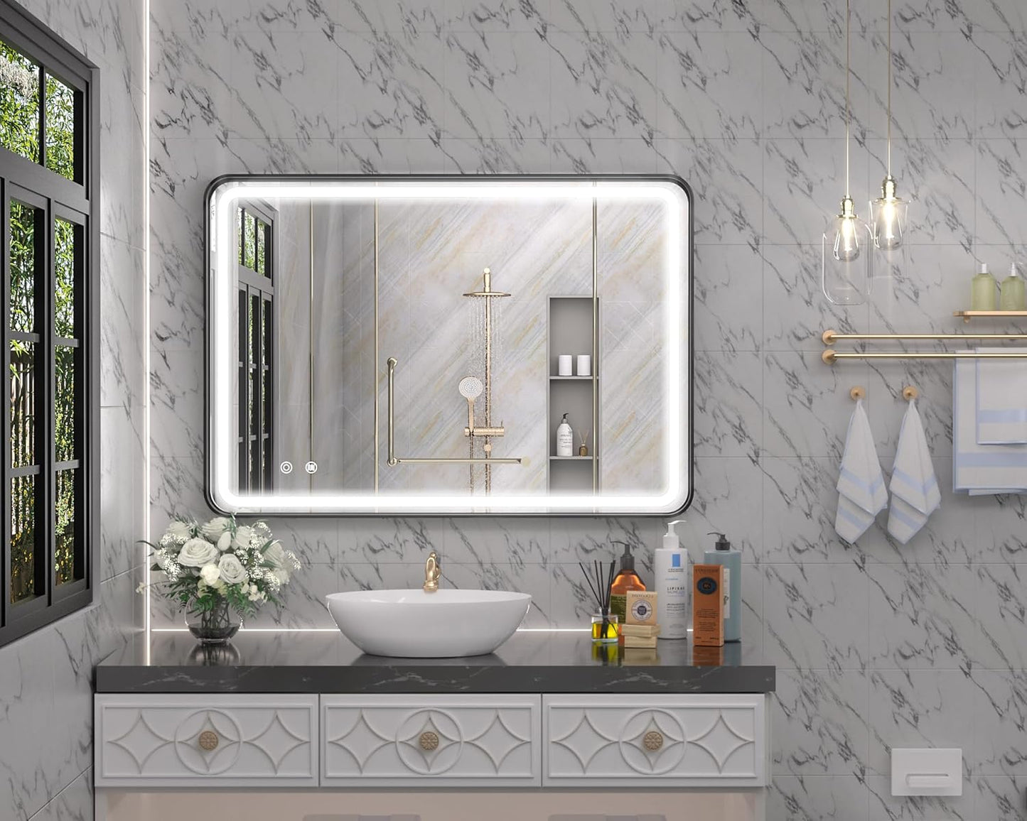 Hasipu LED Bathroom Mirror with Lights 40 x 26 Inch, Black Metal Frame Light Mirror for Vanity Anti-Fog, Dimmable, 3 Colors (Horizontal/Vertical)