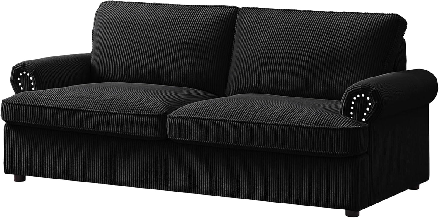 Reversible Sleeper Sofa Bed with Comfortable Memory Foam Mattress, Convertible Corduroy Full Size Pull Out Couch for Living Room, Space Saving Furniture, 72" Wide, Rounded Arms, Black