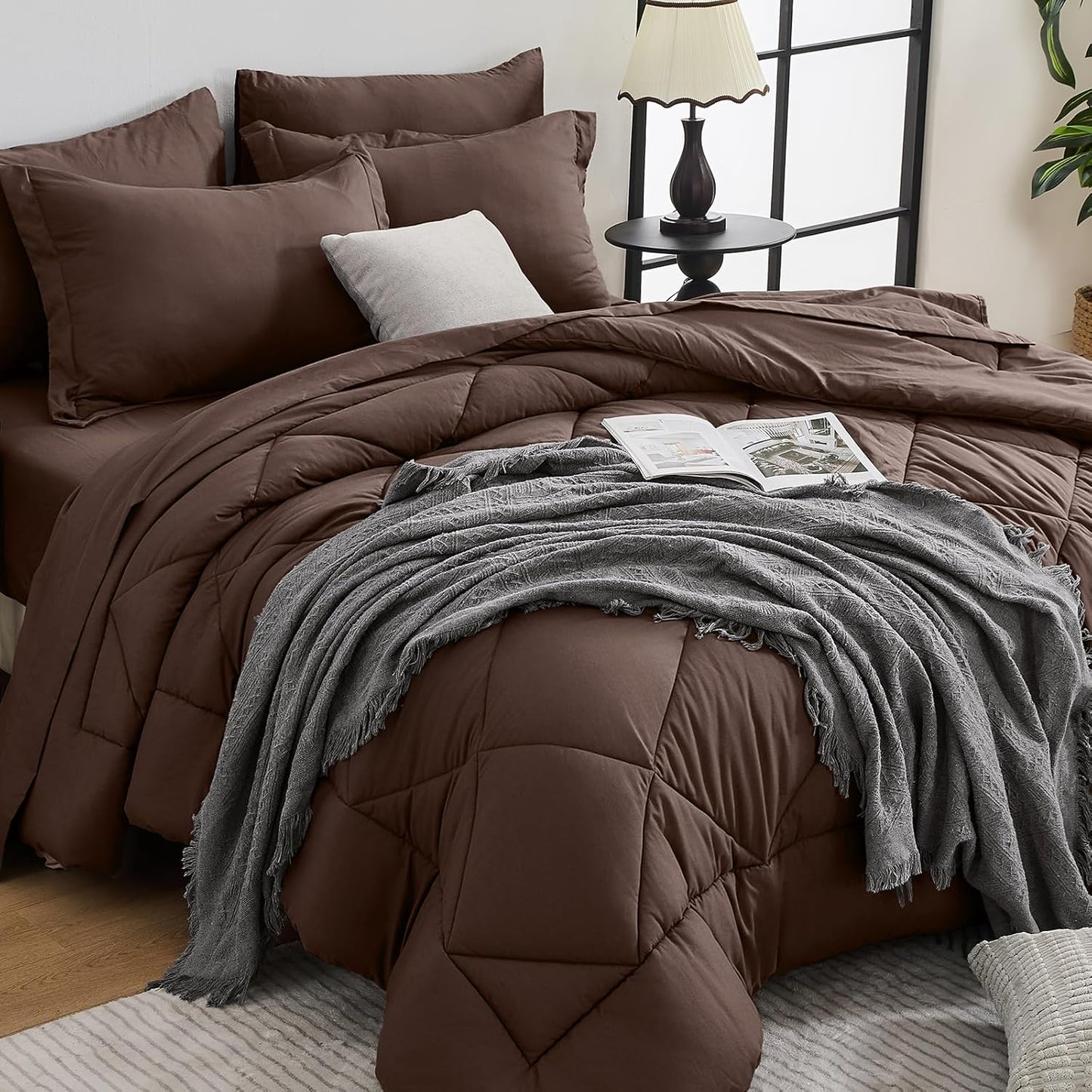 HEVUMYI Brown King Comforter Set - 7-Piece All Season Bed in a Bag King, Ultra Soft Bedding Set with Comforter, Flat Sheet, Fitted Sheet, Pillowcases, Pillow Shams