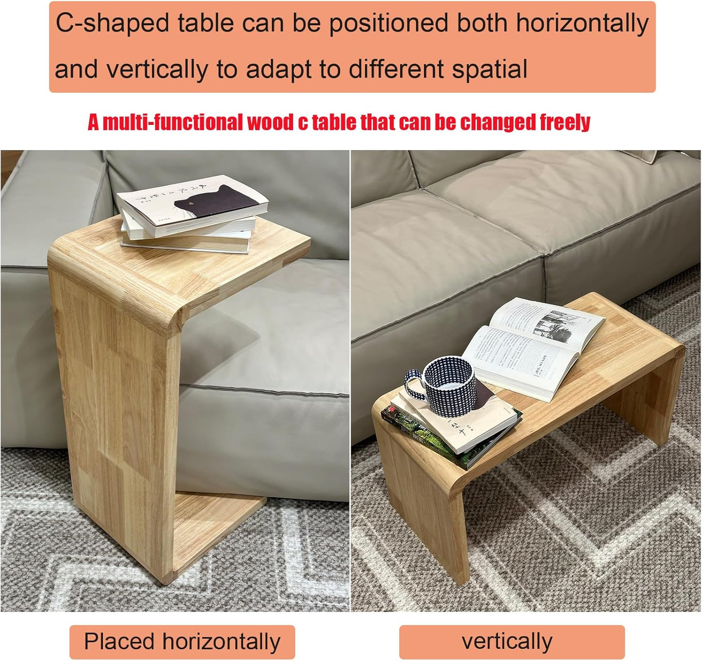 C Shaped End Table, Solid Wood C Side Table for Couch Sofa and Bed, Sofa Tables That Slide Under for Space Saving, Small Snack C Tables for Living Room Bedroom (H 24.4″ - Wood, 2)