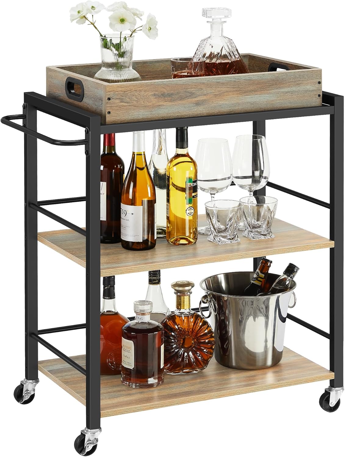 VASAGLE Kitchen Serving Cart with Removable Tray, 3-Tier Kitchen Utility Cart on Wheels with Storage, with Brakes, Leveling Feet, 15.7 x 28.3 x 33.9 Inches, Turquoise Brown and Ink Black ULRC072K60