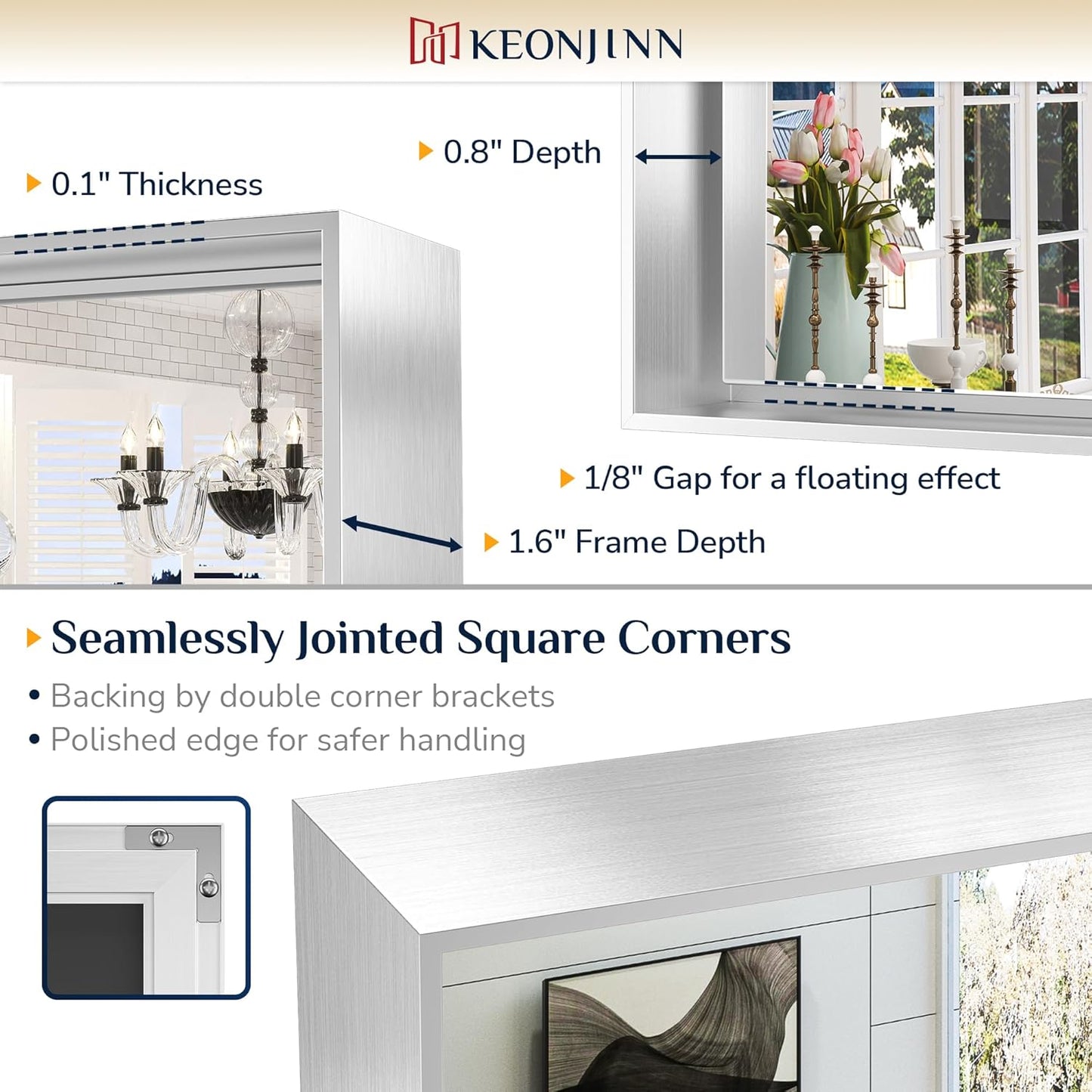 Keonjinn Silver Bathroom Mirror 55 x 36 Inch Large Rectangle Wall Mirror for Vanity Metal Framed Farmhouse Mirror Square Corner Modern Rectangular Mirror for Bathroom Sink(Horizontal/Vertical)