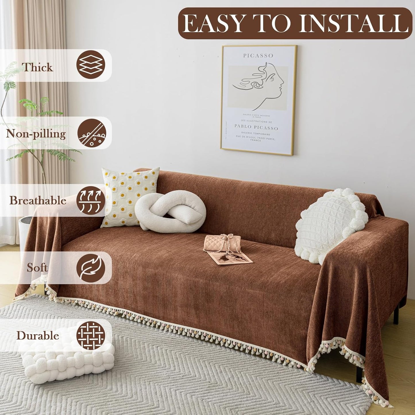 HANDONTIME Boho Style Sofa Cover with Tassels, Washable & Non-Slip Couch Cover for 3 Cushion Sofa, Herringbone Pattern Pet-Friendly Sofa Slipcover, Chocolate Color, 71"x118", Living Room Decor