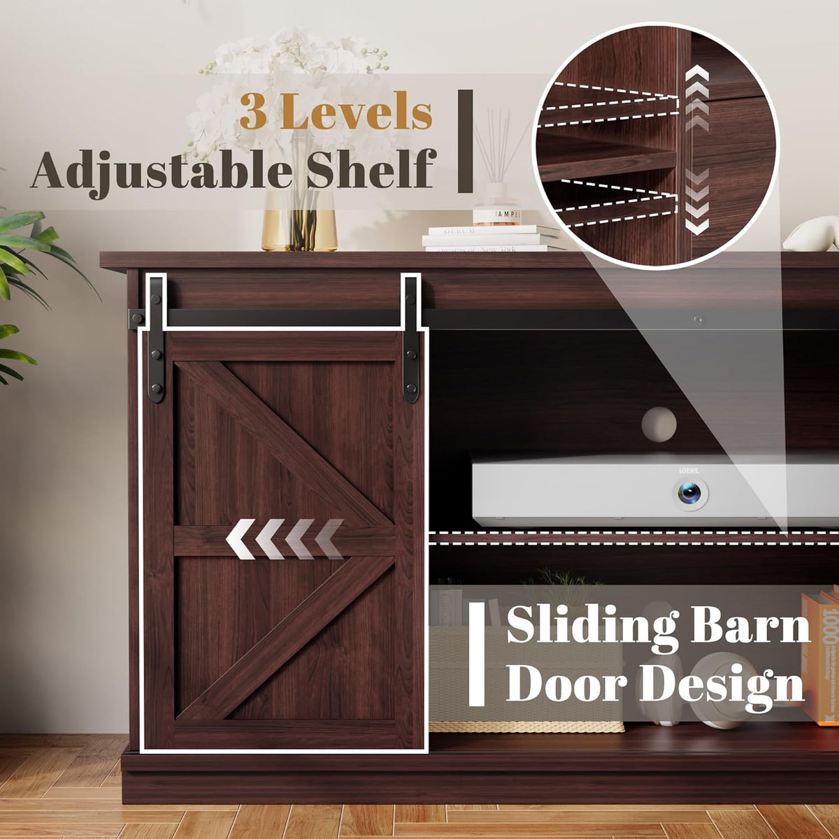 YESHOMY TV Stand for Televisions up to 65 Inchs, with Sliding Barn Doors and 4 Storage Drawers, Console Table and Media Furniture for Living Room, 58 Inch, Espresso