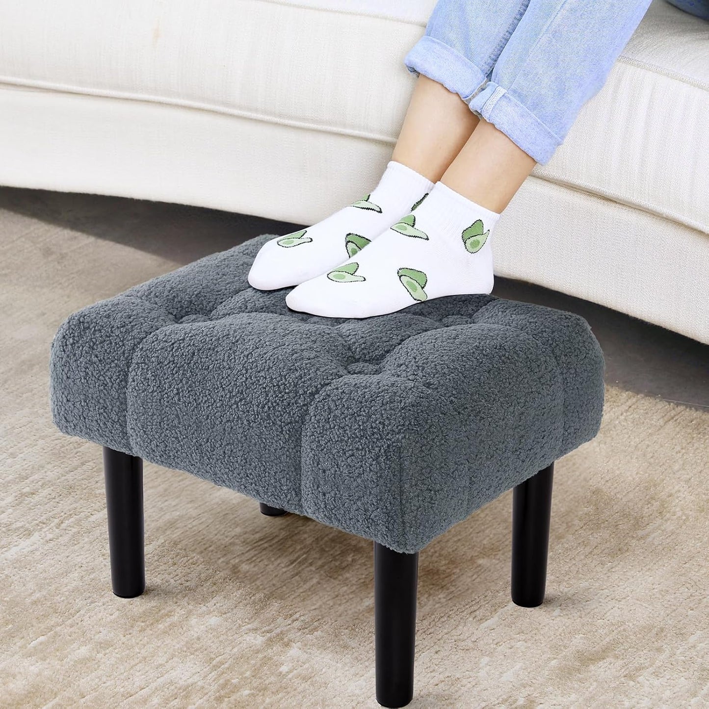 HOUCHICS Fur Padded Foot Stool, Small Ottoman Rest with Wooden Legs, Modern Rectangle Chair Rest for Living Room, Couch, Desk (Grey)