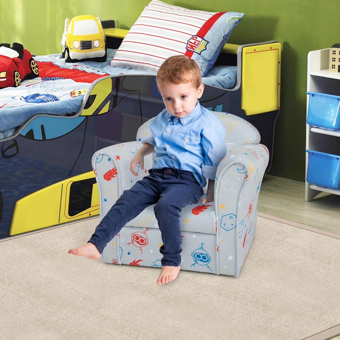 Costzon Kids Couch, Children's Sofa Armrest Chair with Pattern, Toddler Furniture w/Sturdy Wood Construction, Preschool, Lightweight Kids Couch Sofa Chair for Aged 1-5 Boys & Girls Gifts, Aliens