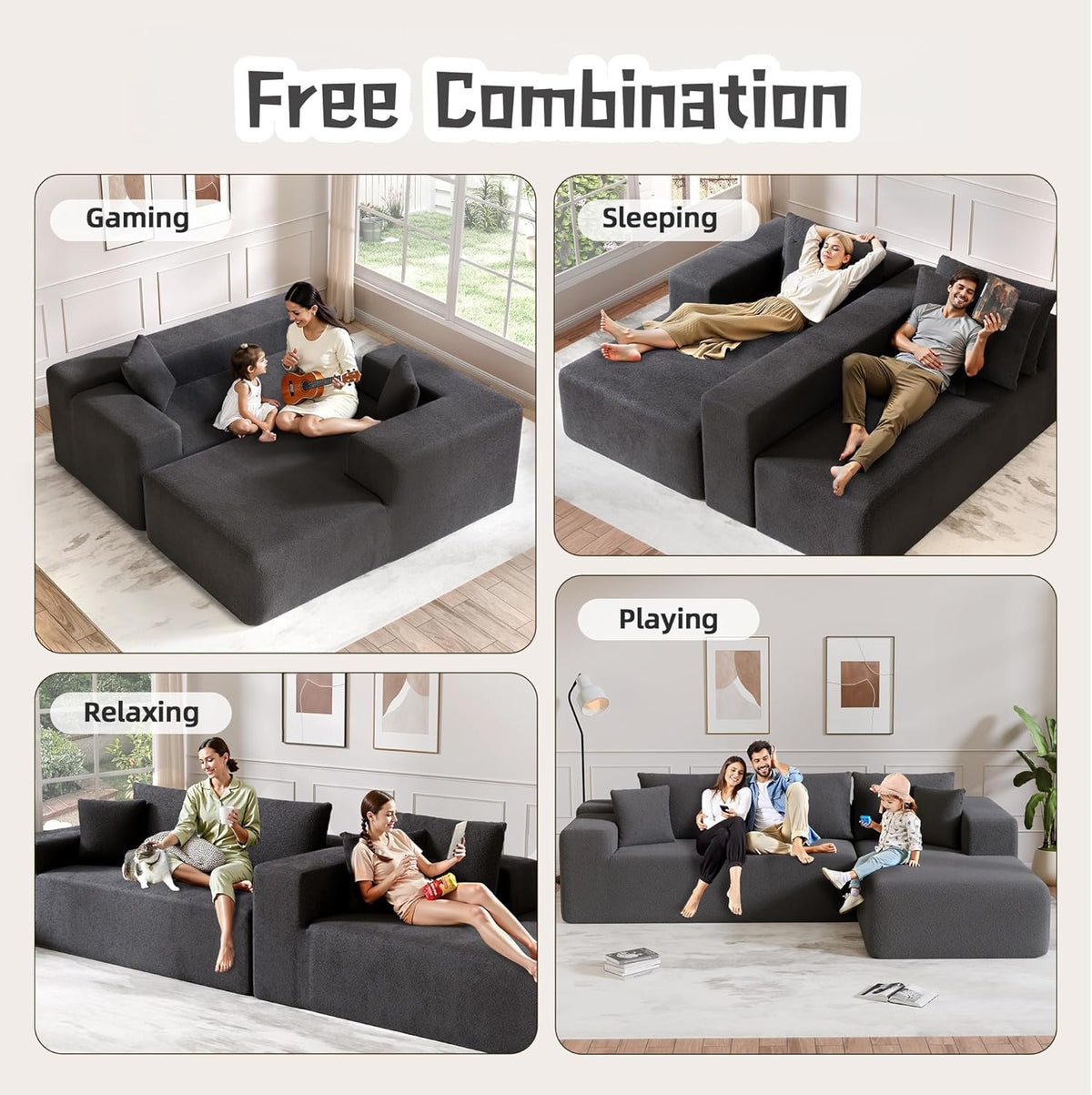 Cloud Sectional Couch, 104”L-Shape Oversized Sofa with Left Chaise Lounge, Modular Sleeper Couch with Pillows & Deep Seat, Rain Drop Velvet Fabric Compressed Sofa for Living Room, Dark Gray