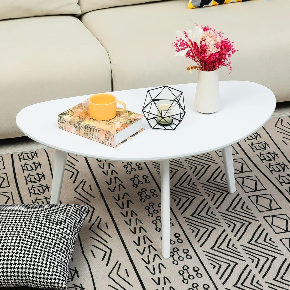 FIRMINANA Small White Oval Coffee Table for Small Space,Simple Modern Table for Apartment or Livingroom Corner,White,18.9" D x 33.47" W x 15.75" H