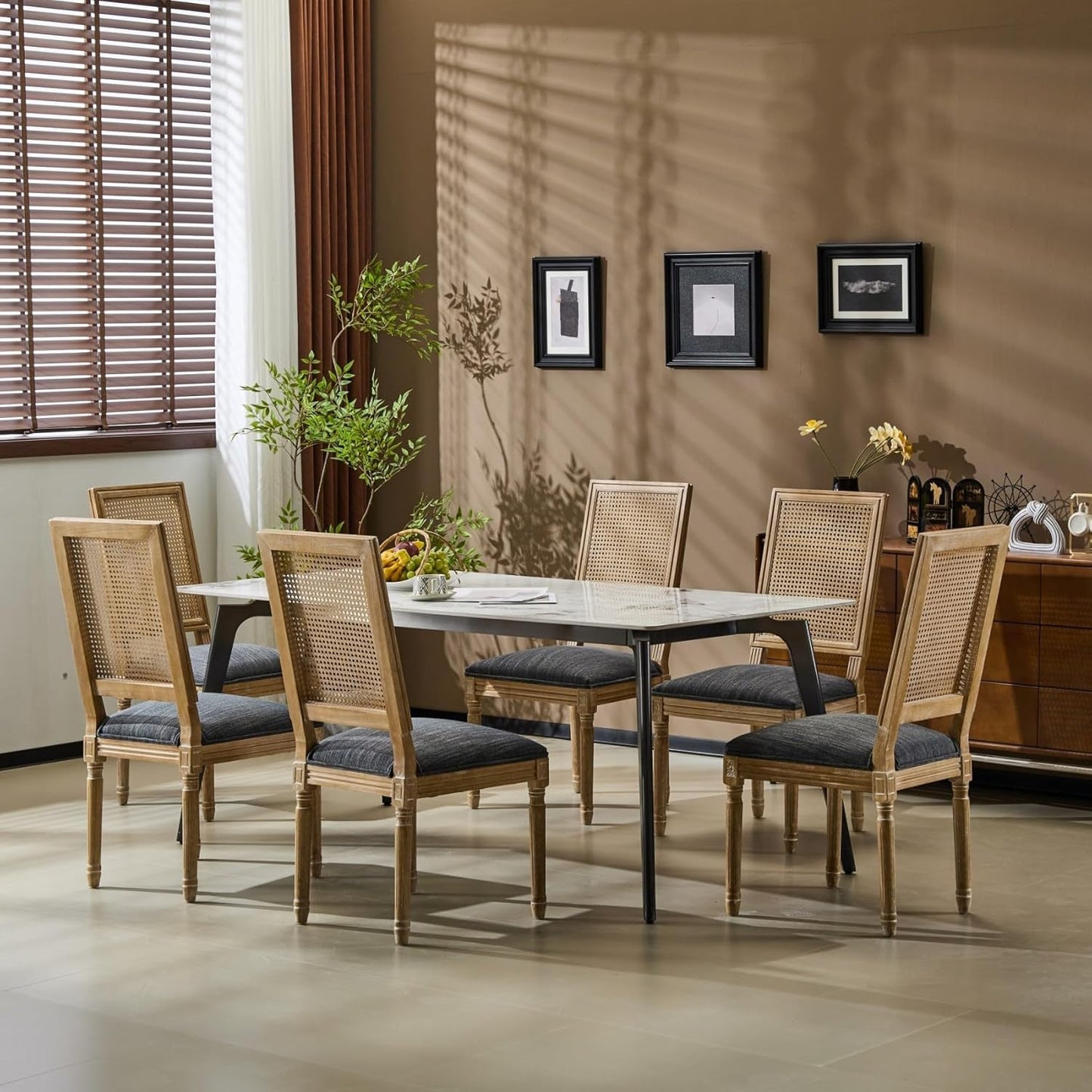 Merax Upholstered Solid Wood Dining Chairs Set of 6, French Country Style Accent Side Seating Furniture for Kitchen, Living Room, Wicker Back, Blue Gray
