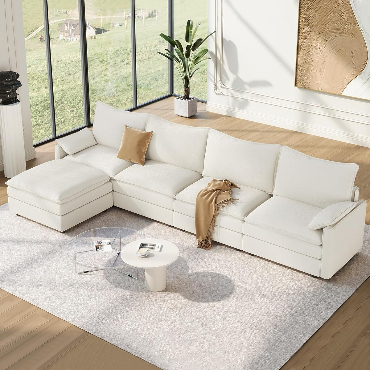 Vesgantti 142" Cloud Couch Sectional Modular Sofa, Comfy Sectional Couch with Ottoman Deep Seat Chenille L Shaped Sofa, Modular Couches for Living Room, Bedroom and Apartment, Snow White