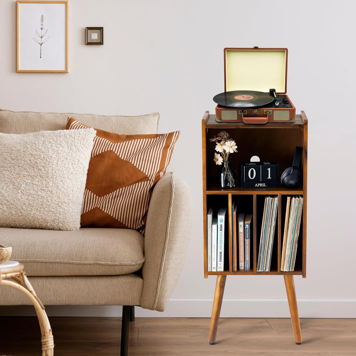 Wooden LP Record Player Stand, 3-Tier Turntable Stand Cabinet Holds up to 100 Albums, Metal Record Storage Holder and Organizer Table, Mid-Century Modern Record Player Holder for Living Room & Bedroom