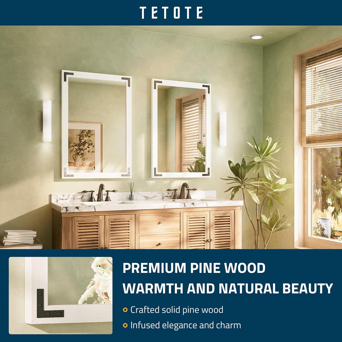 TETOTE 24 x 36 White Wood Framed Mirror for Bathroom Wall/Bedroom/Living Room/Entryway Farmhouse Rustic Bathroom Vanity Mirror Waterproof (Horizontal/Vertical Mounted)