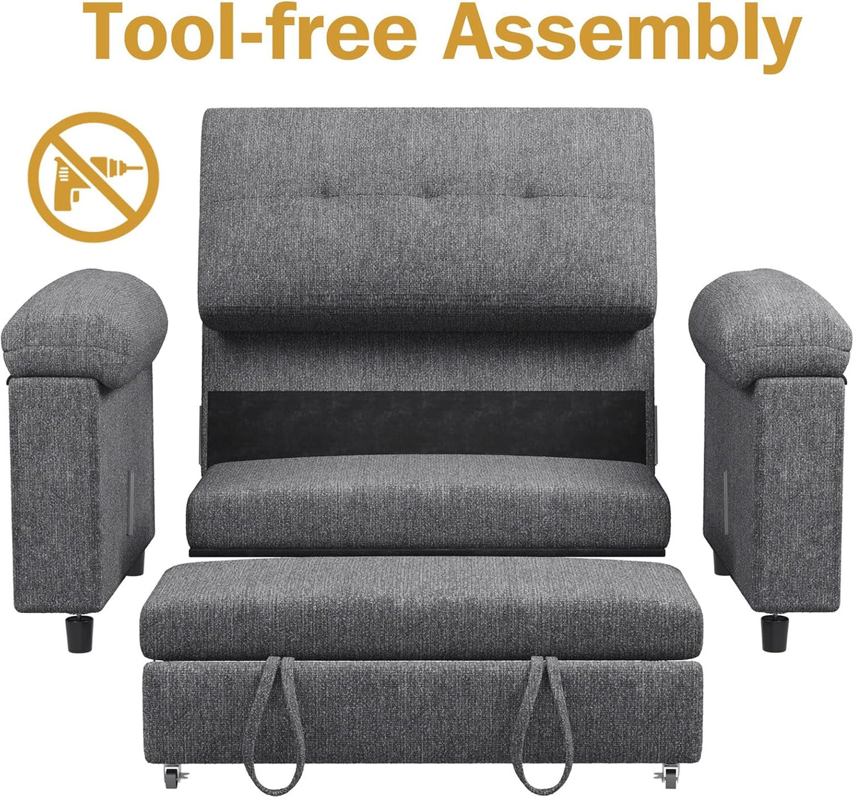 Vipbear 3-in-1 Chenile Convertible Sofa Bed, Pull Out Sleeper Sofa with USB Charging Station/Reclining Backrest/Side Pocket, Loveseat for Living Room, Apartment, Tool-Free Assembly, Dark Grey