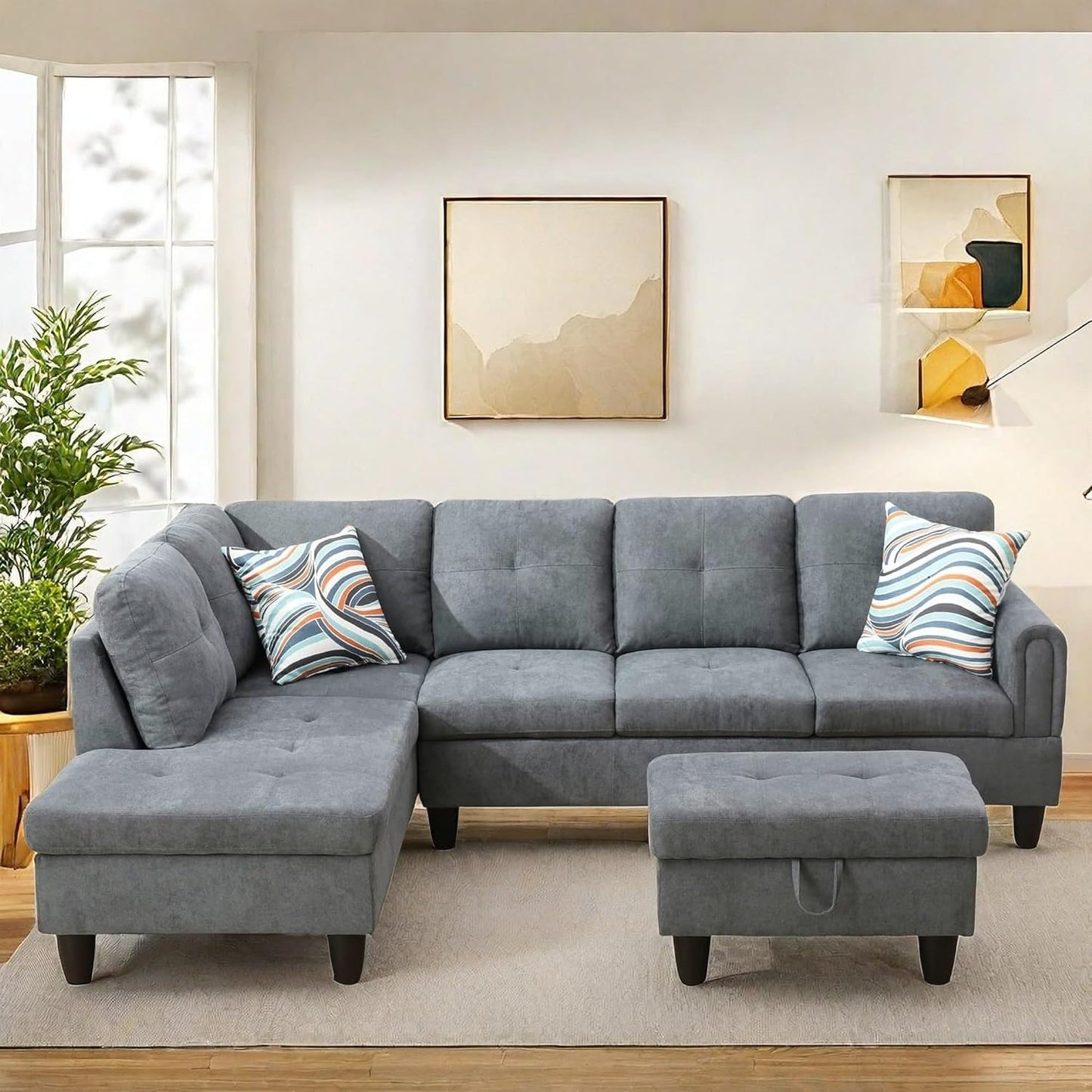 NAYSAYE Sectional Couch with Ottoman Storage, L Shaped Couch Sofa Furniture Sets, Modern Comfy Modular Comfy Sofa for Living Room Bedroom, Office and Apartment, Grey