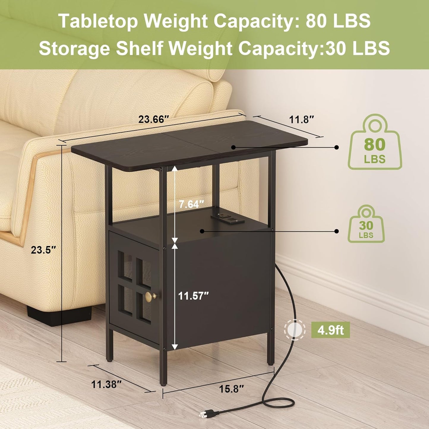 Farmhouse Narrow Side Table with Charging Station - 3-Tier End Table with USB & Outlets Compact Bedside Storage Table for Small Spaces, Multi-Functional Accent Table for Couch Corner Entryway Black