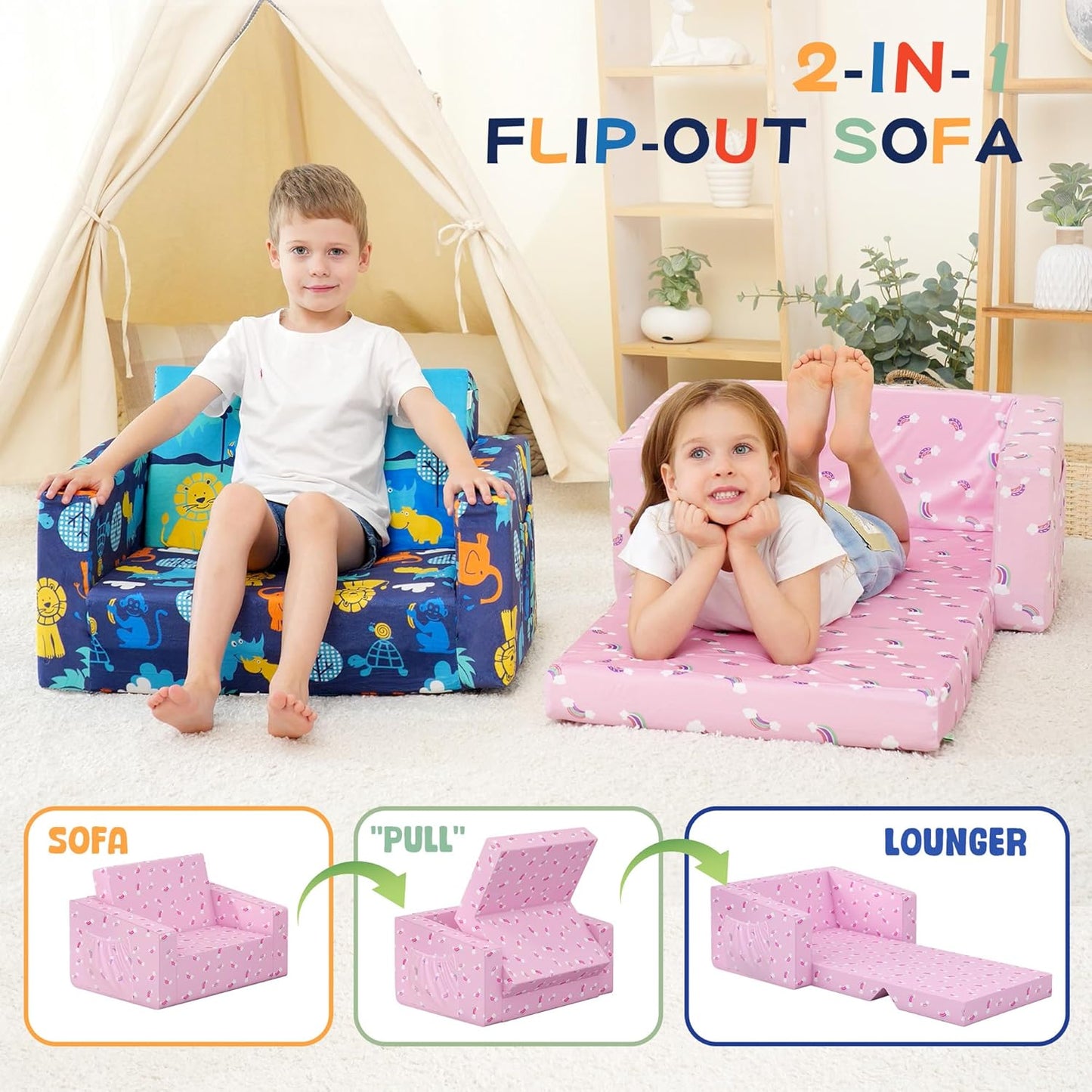 MallBest Kids Sofas Toddler Couch Bed Baby's Upholstered Chair Sleepover Couch Flipout Open Recliner(Pink/Rainbow)…