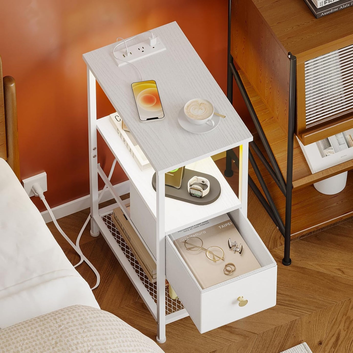 Fixwal Narrow Side Table with Charging Station and LED Light, Skinny Nightstand with 1 Fabric Drawer, Slim End Table for Bedroom, Dorm, Small Space, White