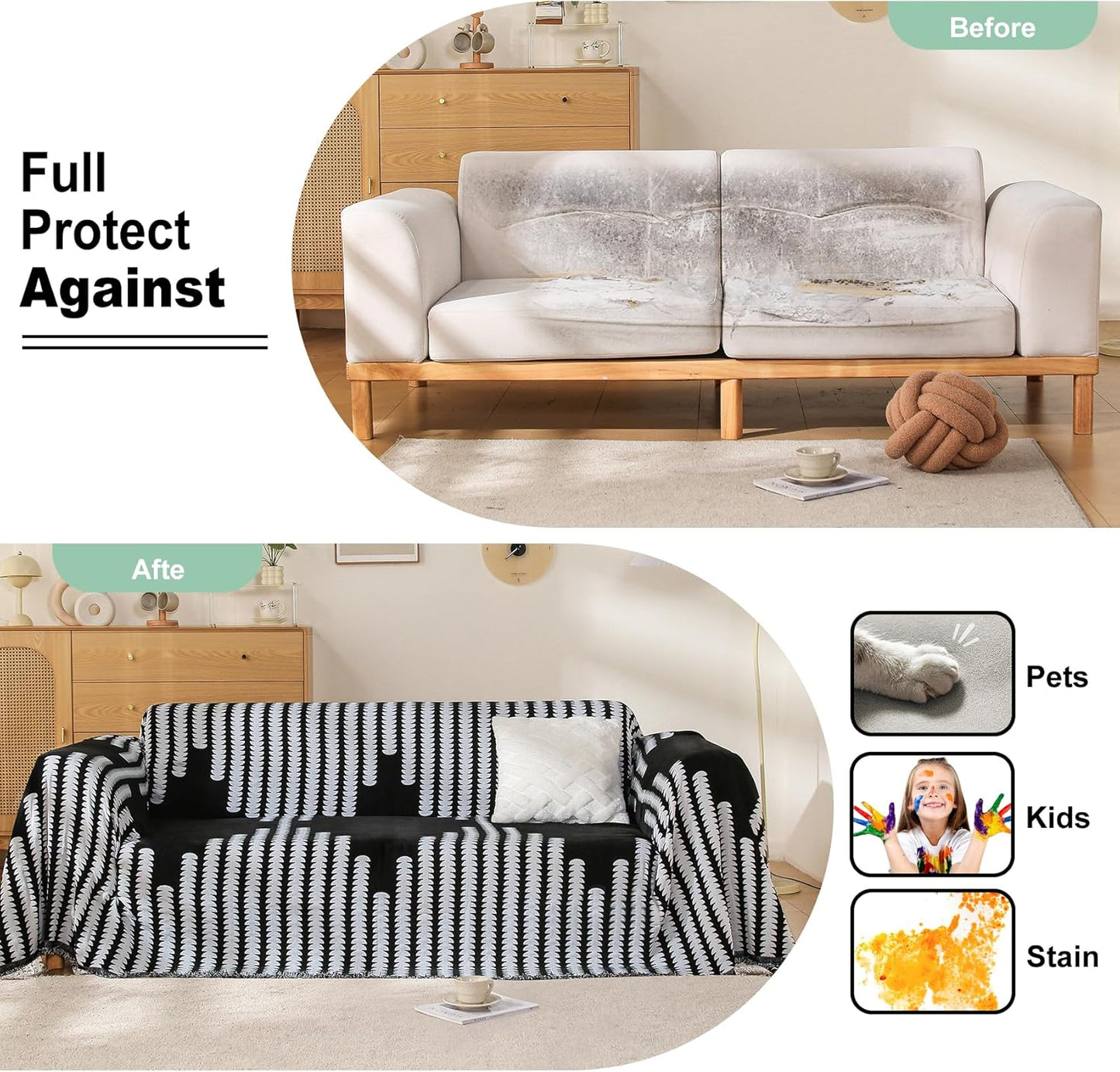 Boho Sofa Cover, Couch Covers for 3 Cushion Couch Sofa Pet Friendly, Sofa Cover Washable, Soft Chenille Living Room Couch Covers Slipcover, Pet Furniture Protecto (2# Black, 71" x 134")