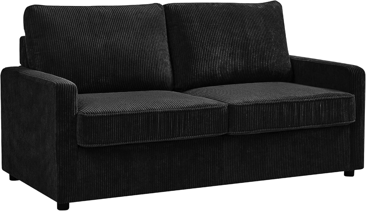 Reversible Sleeper Sofa Bed with Comfortable Memory Foam Mattress, Convertible Corduroy Full Size Pull Out Couch for Living Room, Space Saving Furniture, 70" Wide, Rectangular Arms, Black