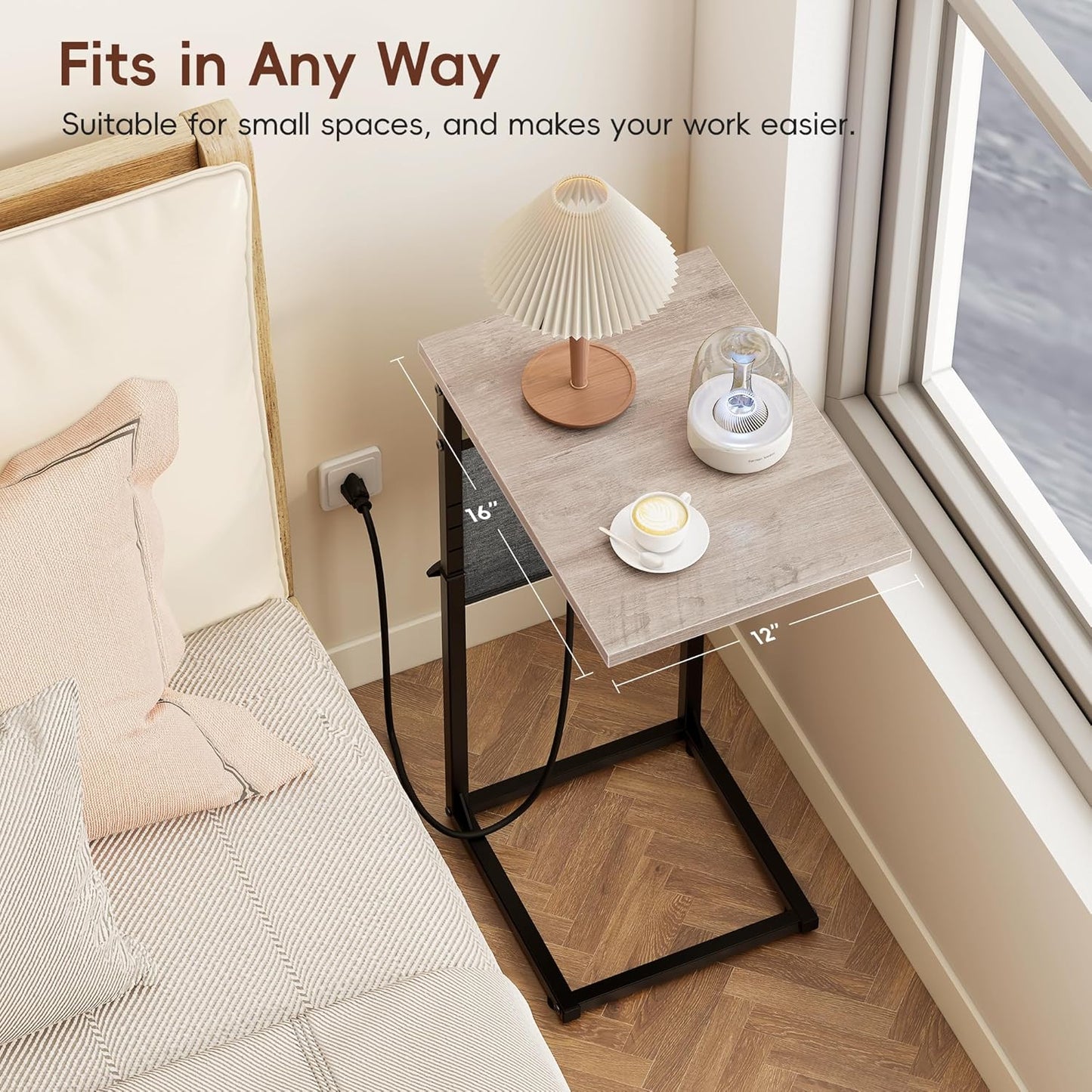 VAGUSICC C Shaped End Table with Charging Station, Adjustable Height Side Table for Couch Recliner, Small Sofa Table with Storage Bag, Slide Under Sofa TV Tray Arm Table for Living Room, Bedroom, Gray