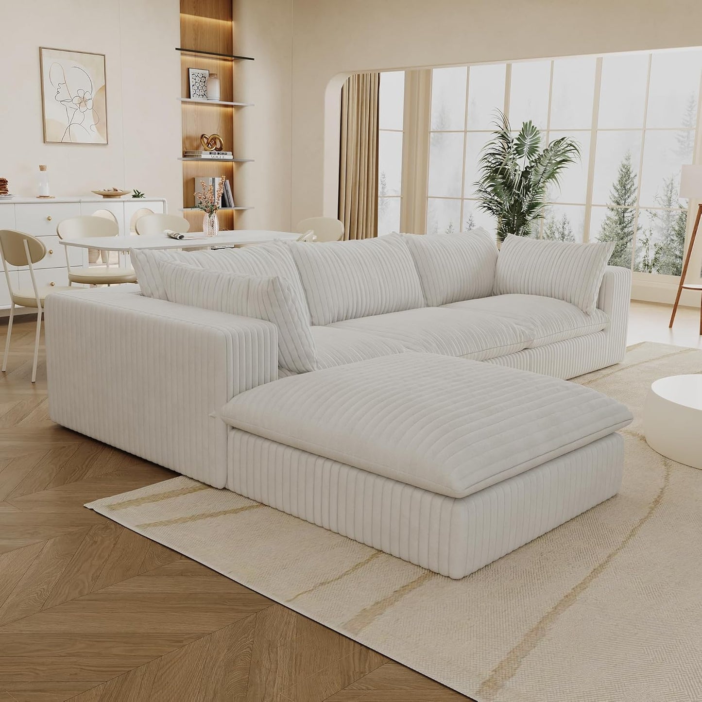 118.2" L Shaped Modular Sectional Cloud Couch with Ottoman, Plush Corduroy Upholstered Compression Sofa, 4-Seat Deep Seat Boneless Sofa Couches with Throw Pillow