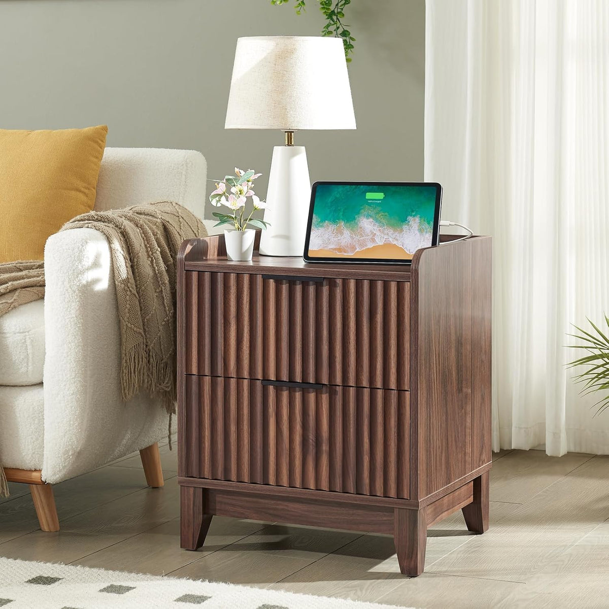 Wnutrees Fluted Nightstand with Charging Station, Modern Bedside Table with 2 Drawers, Farmhouse Wooden End Side Table for Living Room, Brown