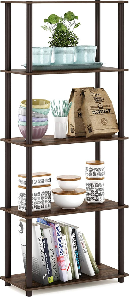 Furinno Turn-N-Tube 5-Tier Multipurpose Shelf / Display Rack / Storage Shelf / Bookshelf, Round Tubes, Walnut/Brown