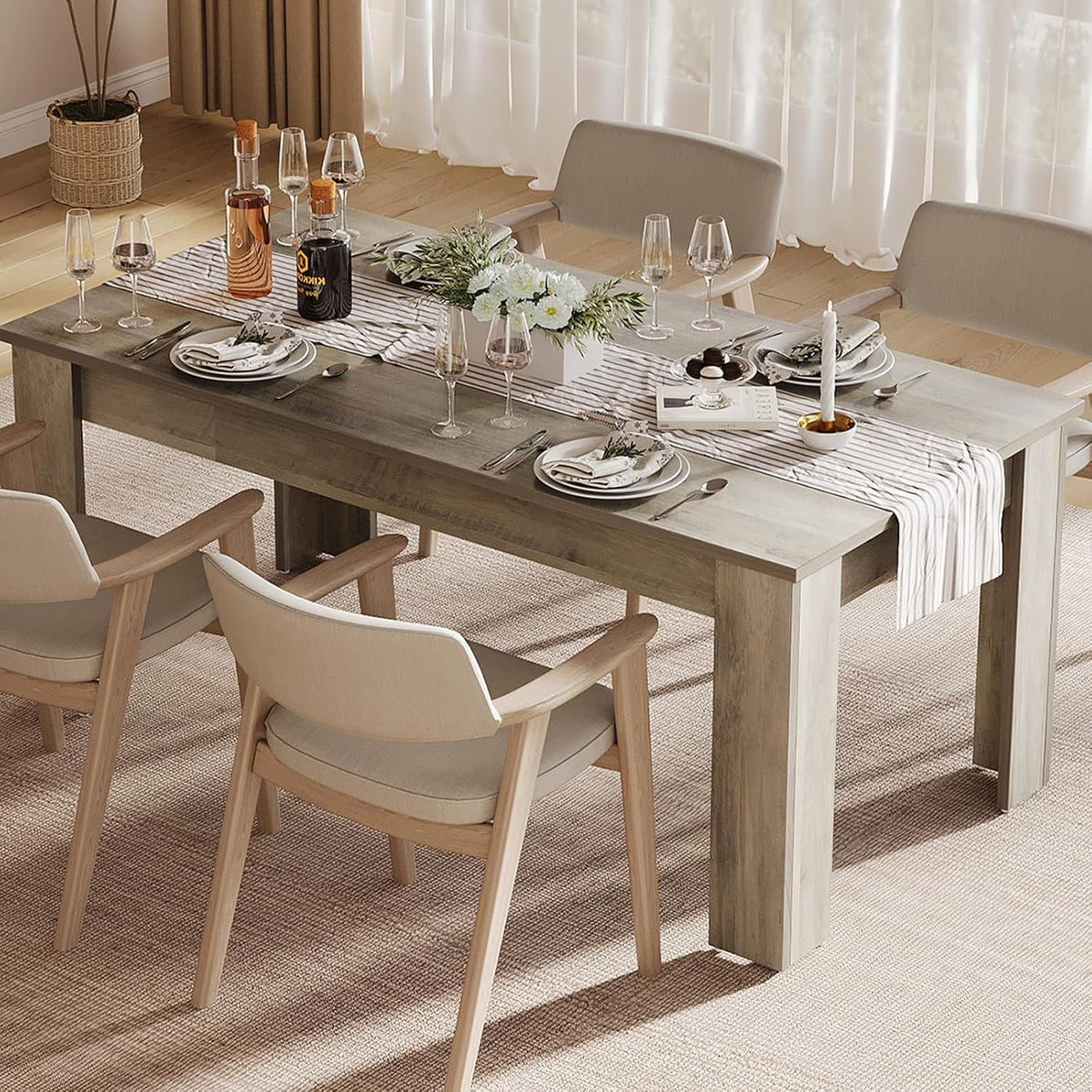 Dining Table for 4-6, 63" Wood Farmhouse Large Kitchen Table with Strong 4 Triangle Legs, Rectangular Dining Room Dinner Table with Sturdy Extra Support for Kitchen, Apartment, Retro Gray