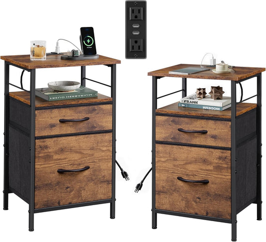 WLIVE Night Stand Set 2, Nightstand with Charging Station, Bedside Tables for Bedroom, Side Table with Fabric Drawers, USB Ports and Outlets, Rustic Brown