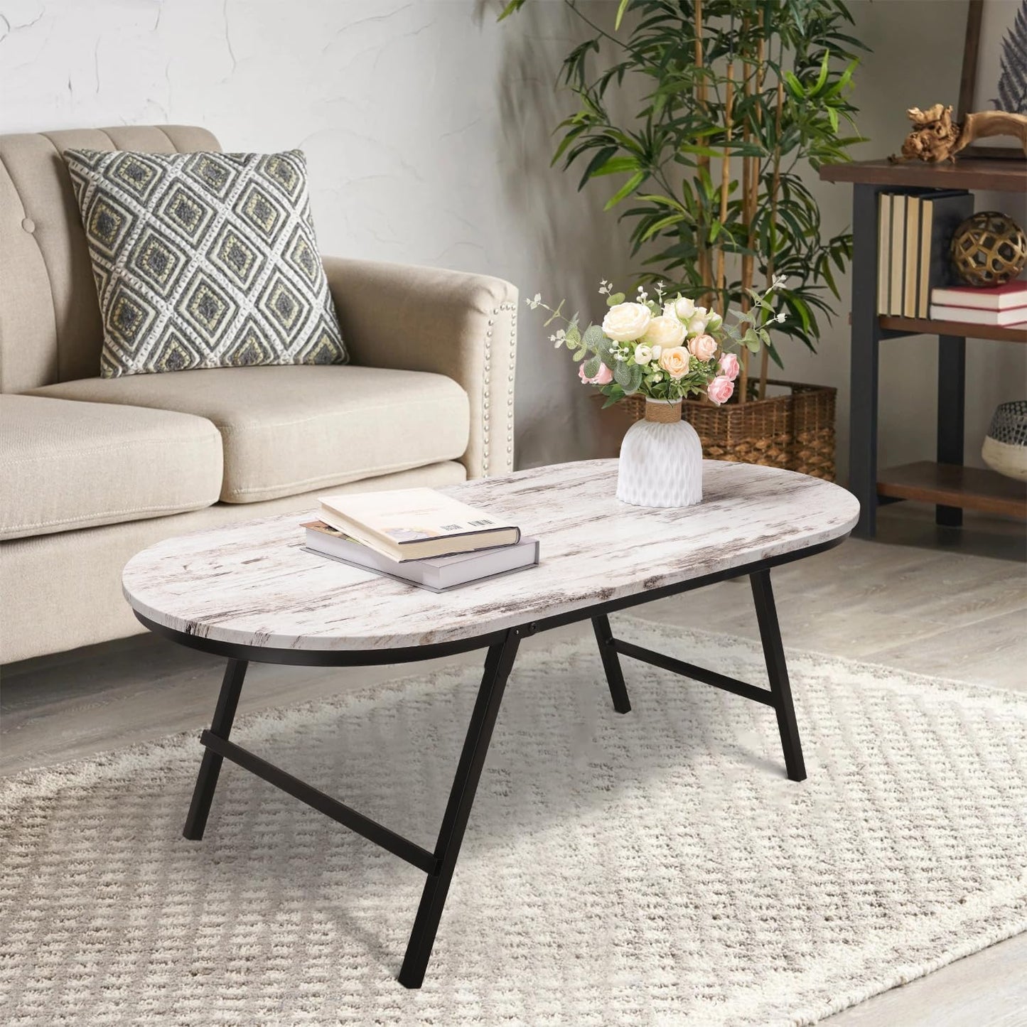 Folding Small Coffee Table Wood Low Coffee Tables with Metal Legs Portable Oval Center Table Rustic Farmhouse Furniture for Living Room Small Spaces Apartment