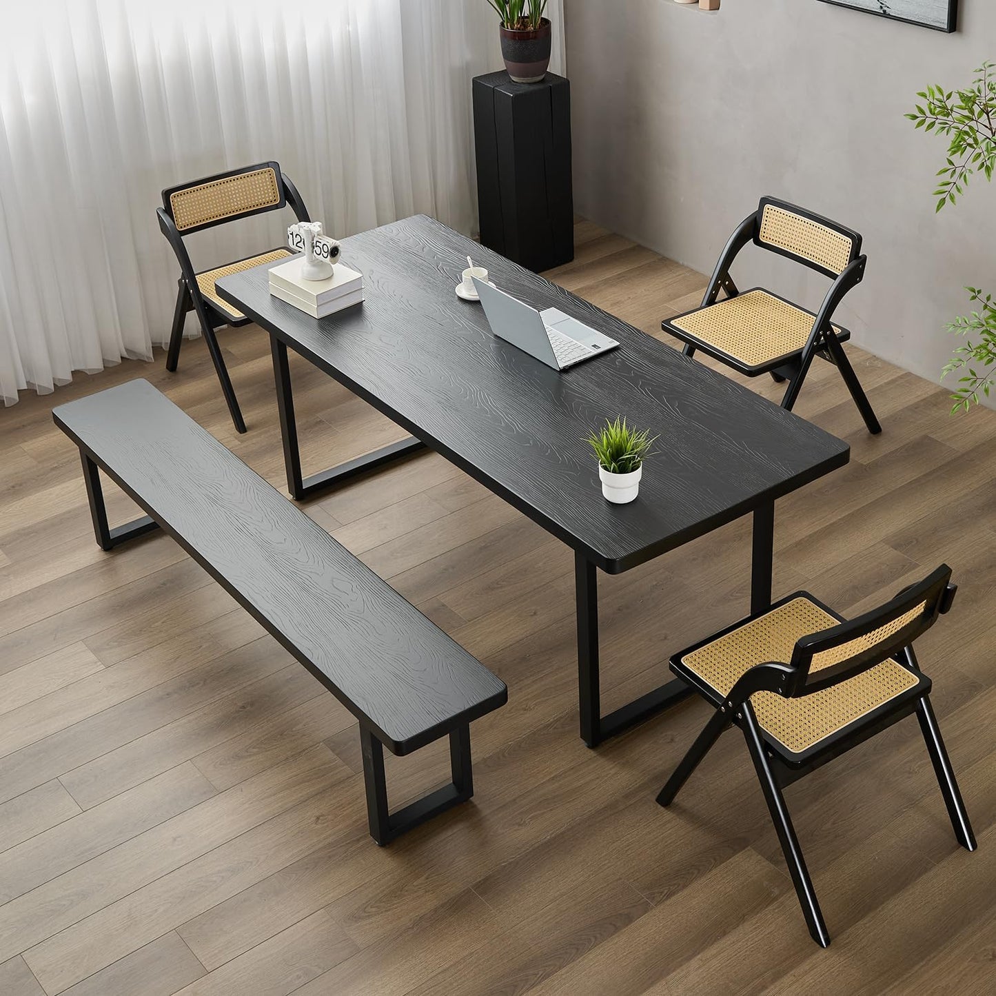 Modern Solid Wood Dining Table with Metal Base Stylish Durable Dining Room Table in Black Multiple Sizes Home Use Office Desk(70.87in)