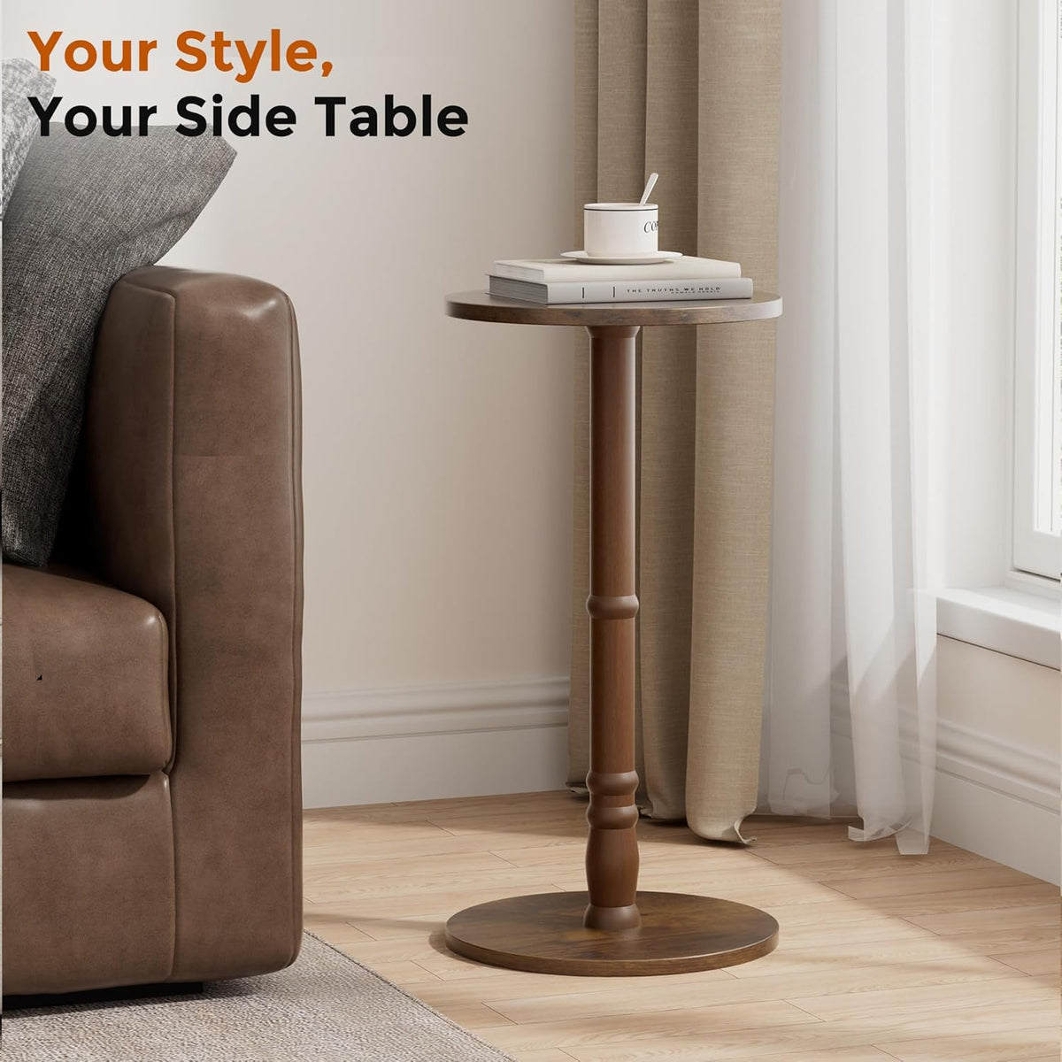 Round Side Table, Solid Wood Pillar with Wood Top & Base, Small Drink Accent Table for Living Room, Bedroom, Sofa & Office, Easy Assembly, Rustic Brown