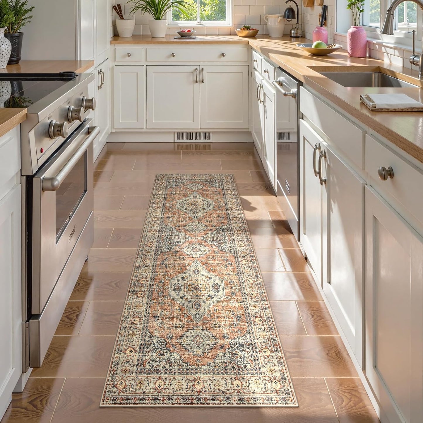 Lahome Oriental Washable Rug Runners for Hallways, 2x5 Kitchen Runner Rug Non Slip with Rubber Backing Ultra-Thin Vintage Carpet for Bedroom Bathroom, Peach/Orange