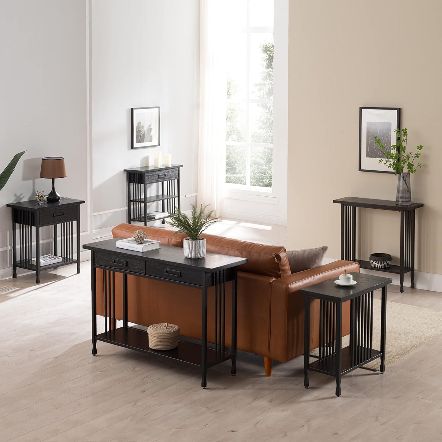 Leick Home 11261-BK Ironcraft Rustic Foyer Bookcase with Drawer Storage, Black Wash