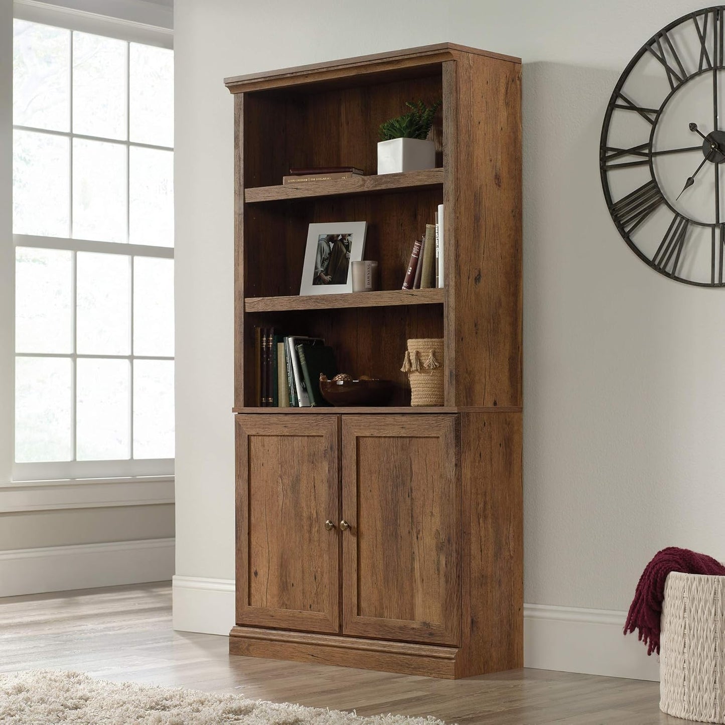 Sauder Select Book Shelf, Bookshelf with Storage, Library Bookcase with Doors and Adjustable Shelves, in Vintage Oak