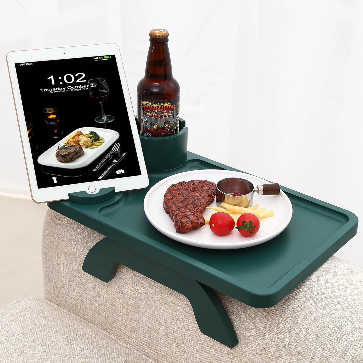 Nnewvante Couch Arm Table,3 in 1 Large 15.36"x9.85" Bamboo Sofa Arm Clip on TV Tray Table with 360°Rotated Phone/Cup Holder, Dark Green