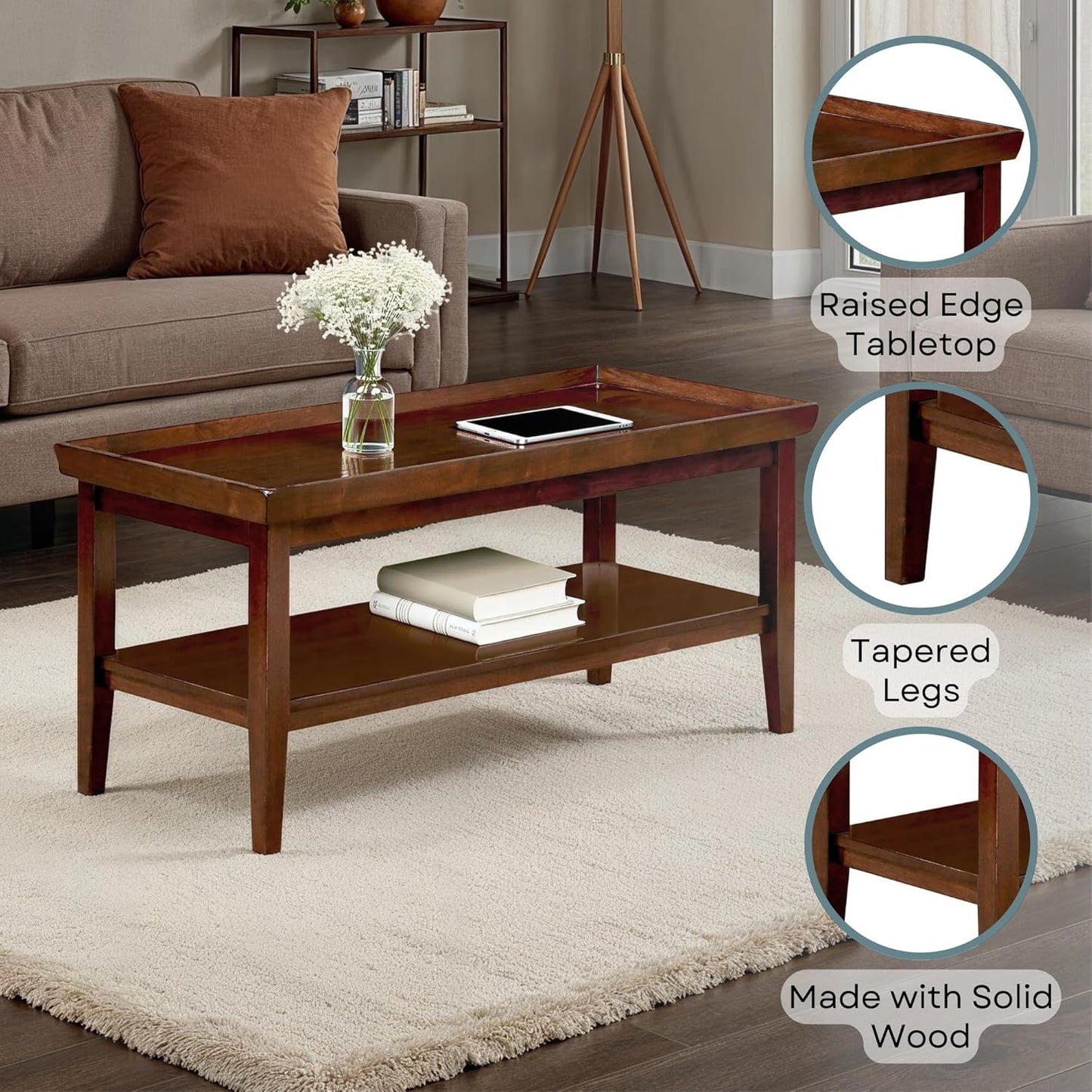 Convenience Concepts Ledgewood Coffee Table 42" - Modern Center Room Accent with Storage Shelf for Transitional, Traditional Living & Family Room, Espresso