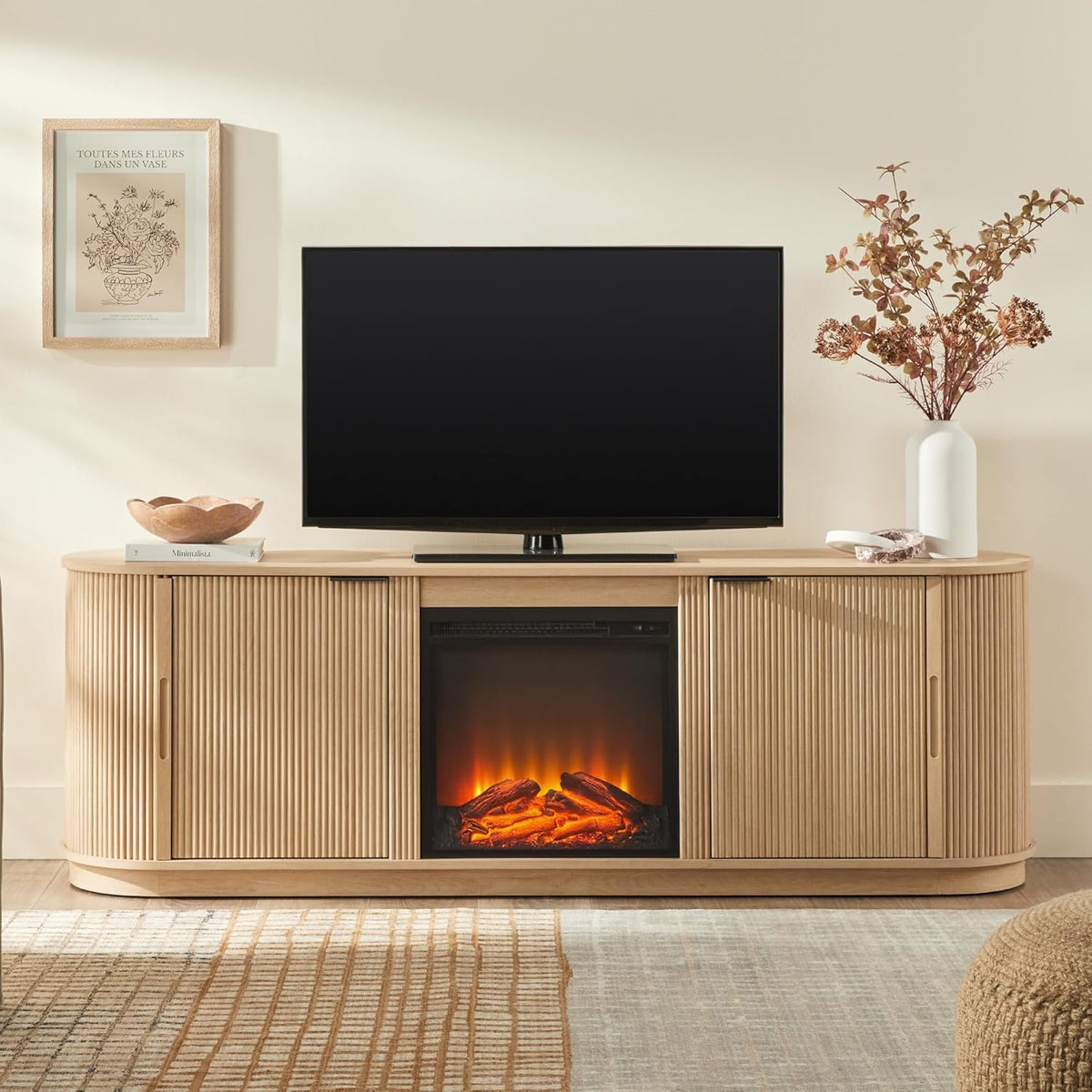 Walker Edison Chloe Reeded TV Stand with Fireplace Insert, 75 Inch, 70 Inch, Coastal Oak