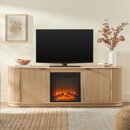 Walker Edison Chloe Reeded TV Stand with Fireplace Insert, 75 Inch, 70 Inch, Coastal Oak