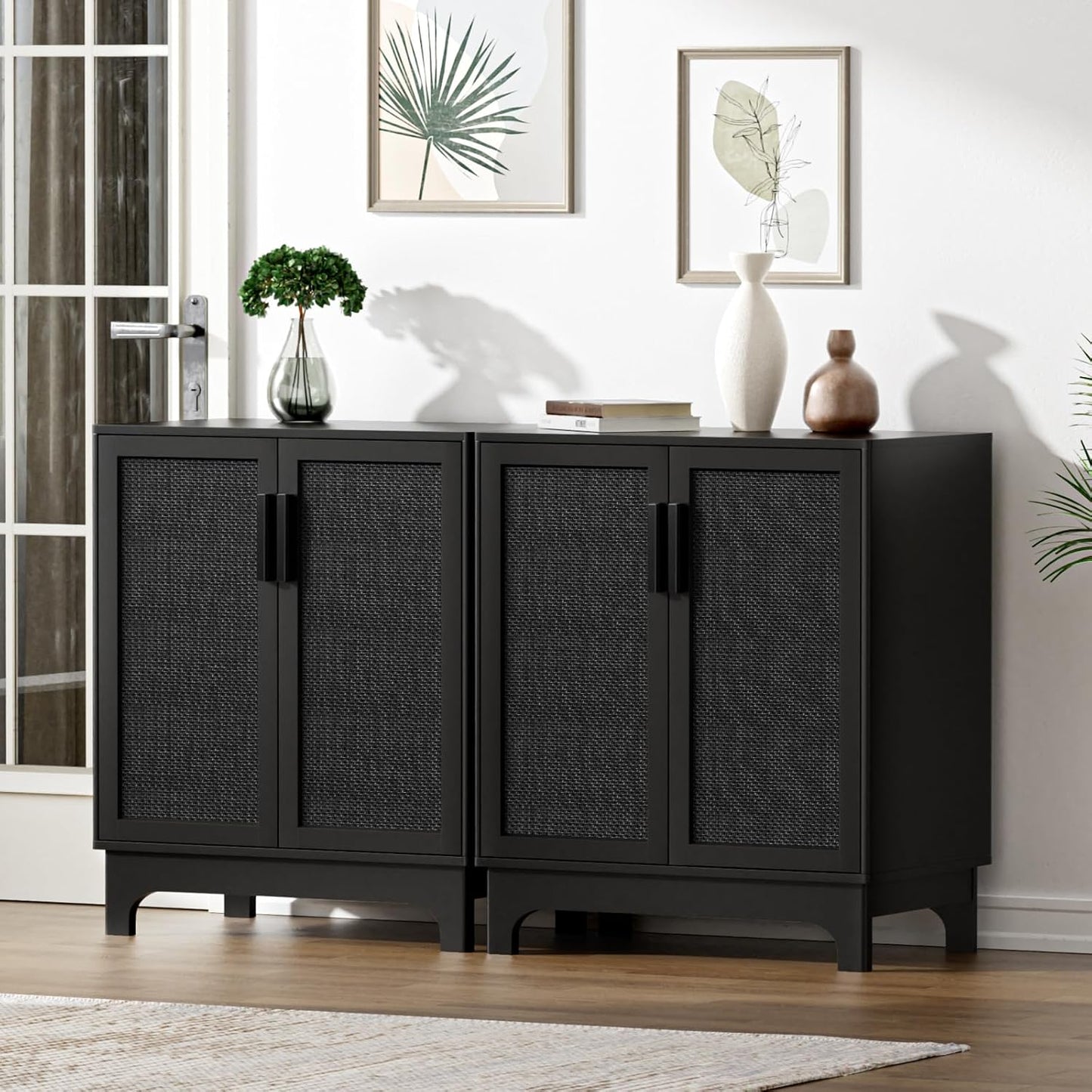 Black Rattan Cabinet, Natural Rattan Storage Cabinet with 2 Doors Adjustable Shelf Large Space Entryway Hallway Sideboard Buffet for Living Room Kitchen