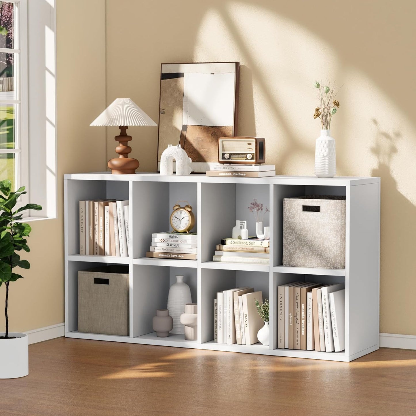 YESHOMY 8 Cube Bookcase, Open Frame 2-Tier Book Shelf, Bookshelf Storage Organizer with Adjustable Shelves for Organization, Room Decor, Milk White