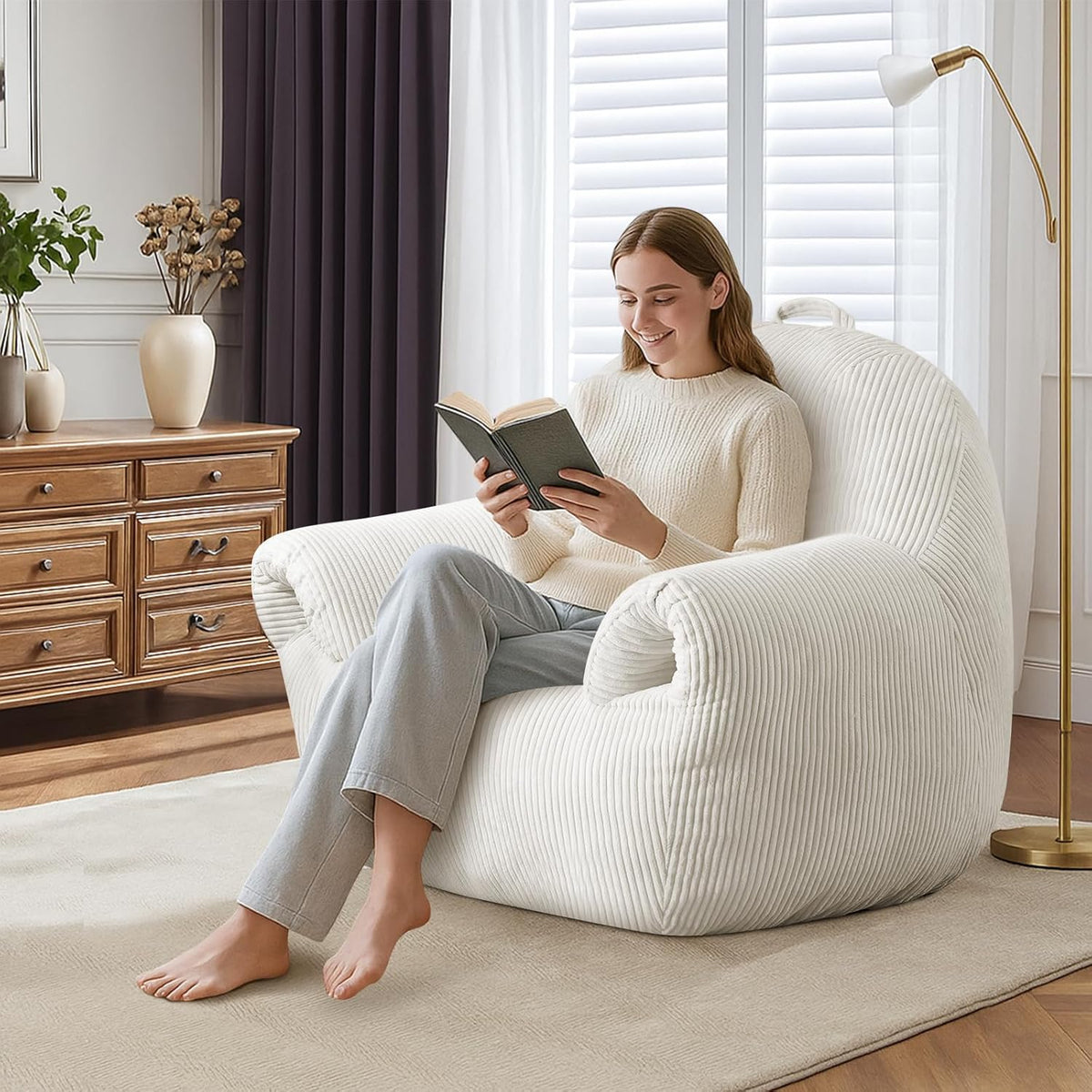 DAICO Bean Bag Chairs for Adults Oversized BeanBag Chair with Armrests Bean Bag Sofa Comfy Accent Chair Corduroy Lazy Floor Single Sofas with Foam for Bedroom Living Room Reading Gaming Beige