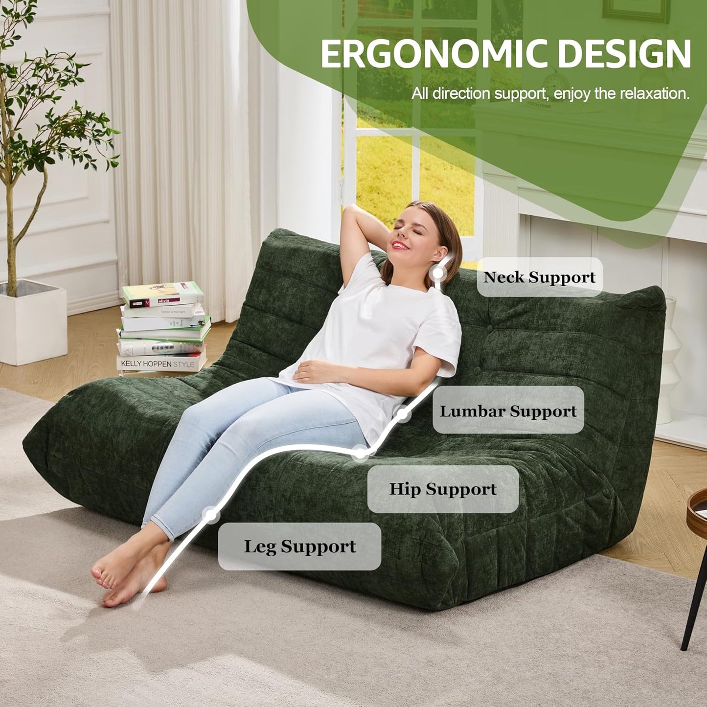 Hobestluk Bean Bag Chair Giant Bean Bag Sofa 2 Seater Bean Bag Chairs for Adults, Loveseat Floor Chair, Bean Bag Chairs for Living Room Bedroom Dorm Office (Green Chenille, Loveseat)