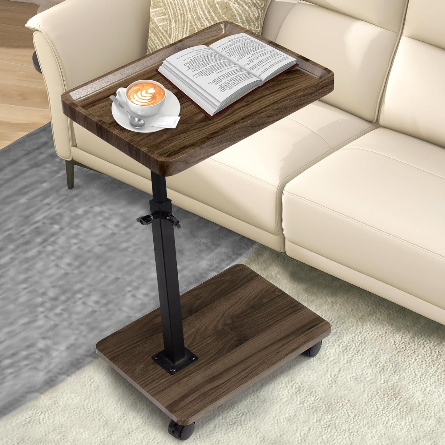 Aoligrace C Table End Table Adjustable Height, 360° Swivel Side Table with Wheels, Small TV Tray Table for Living Room Bedroom, Couch Tables That Slide Under for Sofa Bed Chair