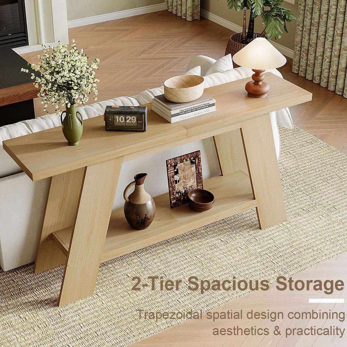 Treocho 63 Inch Long Console Tables for Entryway, 2-Tier Modern Wood Sofa Table with Shelf Behind Couch, Contemporary Narrow Entryway Table for Living Room, Hallway, Entrance, Hallway, Entrance, Oak